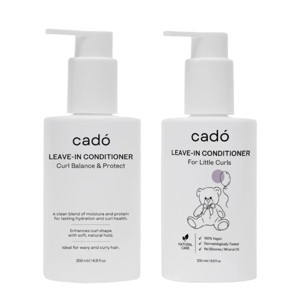 Cadó Leave-in Conditioner duo featuring the Curl Balance & Protect for adults and the For Little Curls for children.