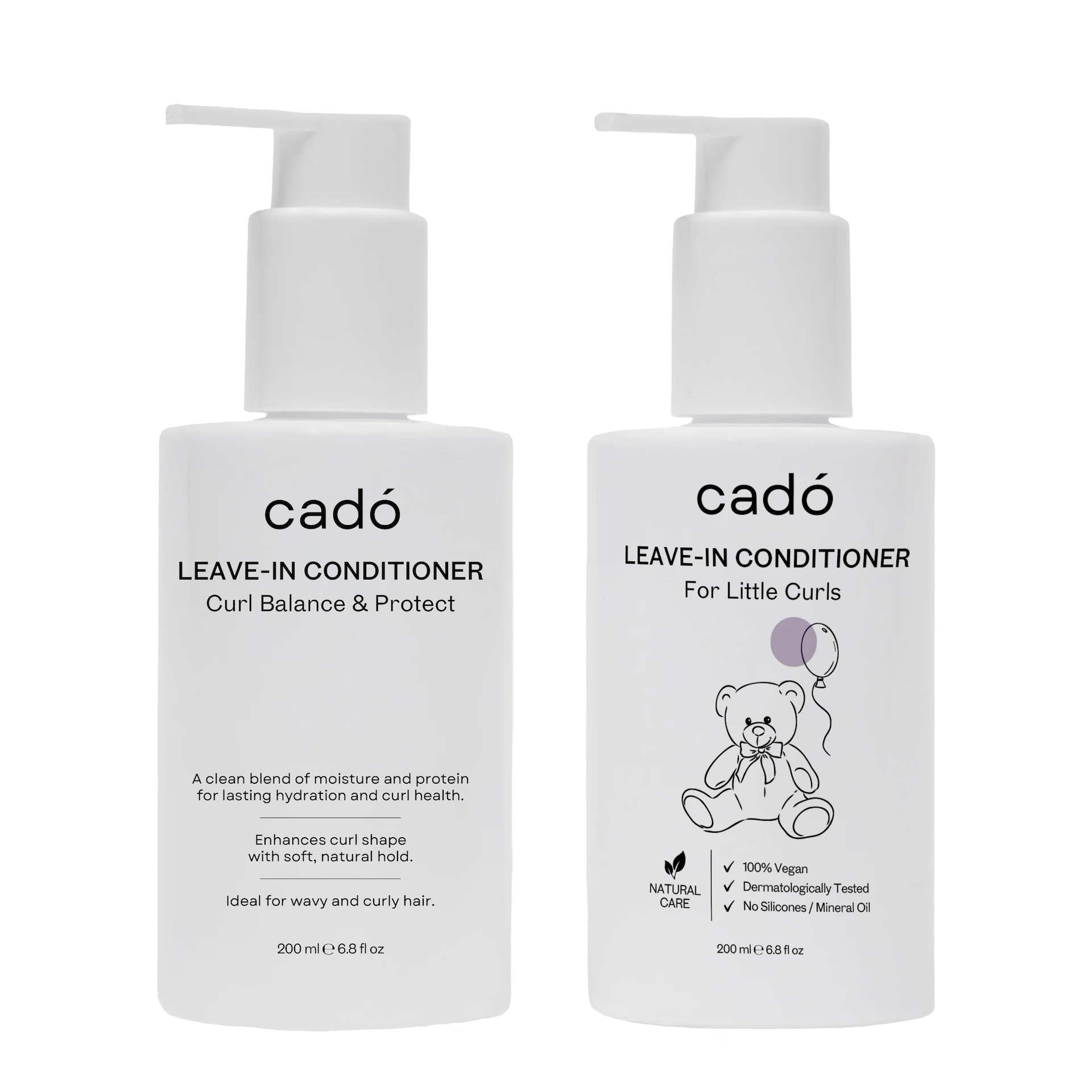 Cadó Leave-in Conditioner duo featuring the Curl Balance & Protect for adults and the For Little Curls for children.