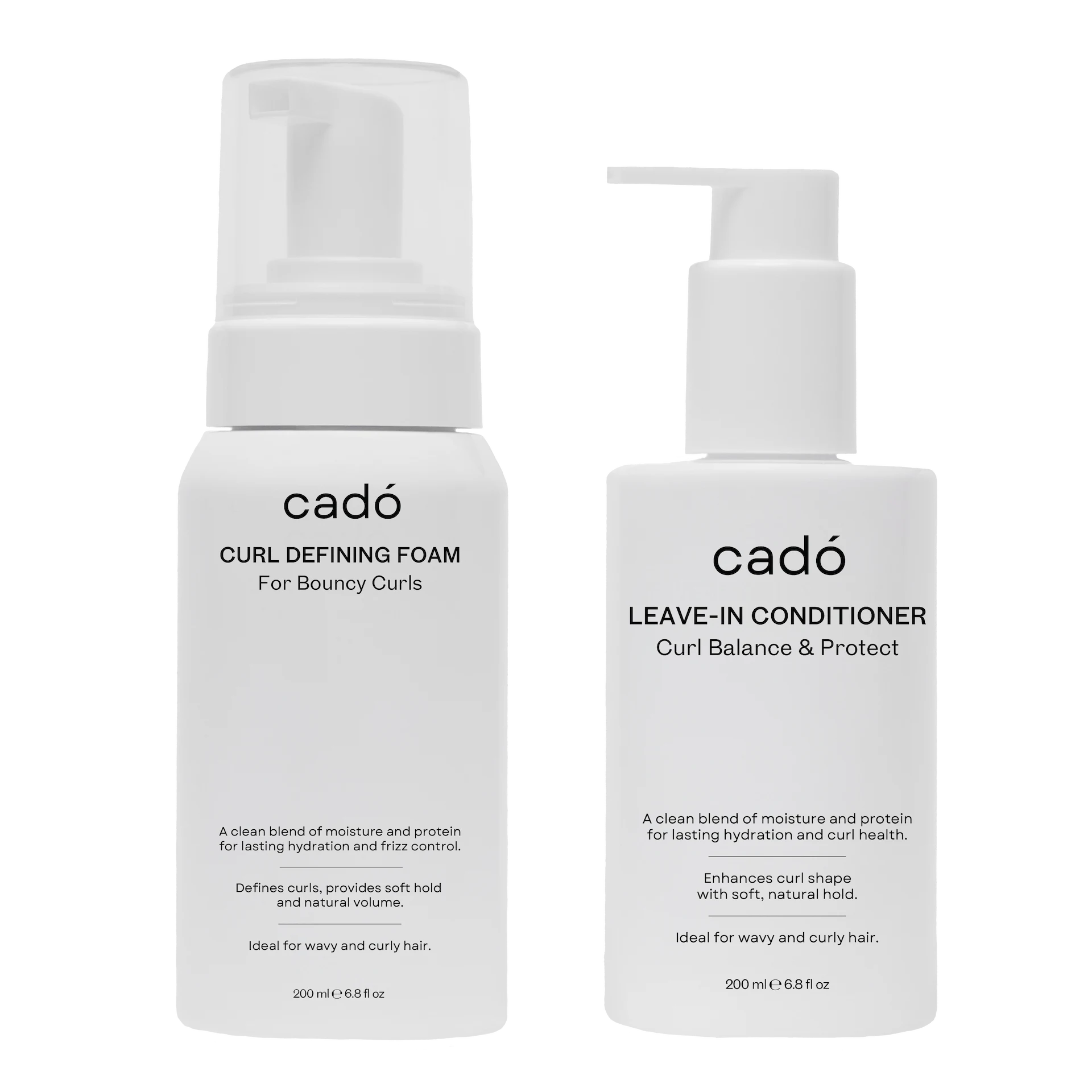 cadó professional styling duo featuring the Curl Defining Foam and Leave-in Conditioner for frizz-free, hydrated curls.