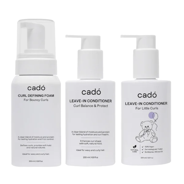 The complete cadó ritual bundle featuring the Curl Defining Foam, Leave-in Conditioner, and For Little Curls edition.