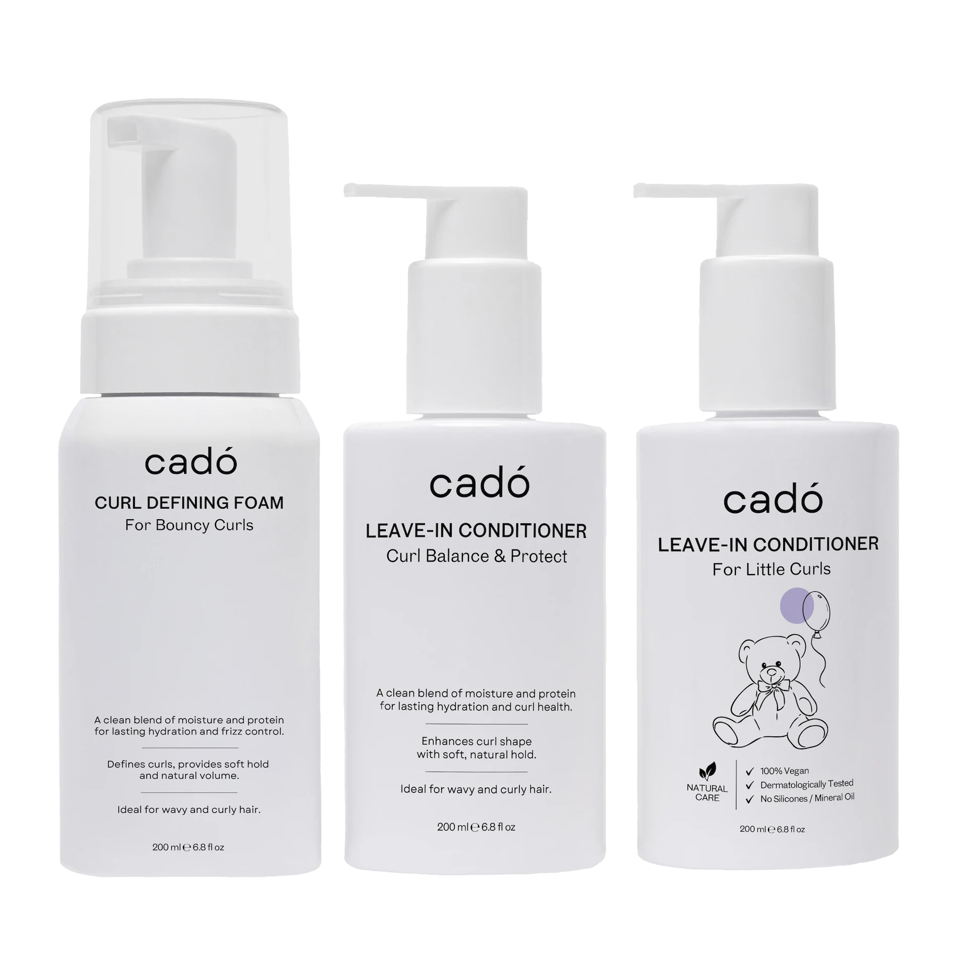 The complete cadó ritual bundle featuring the Curl Defining Foam, Leave-in Conditioner, and For Little Curls edition.