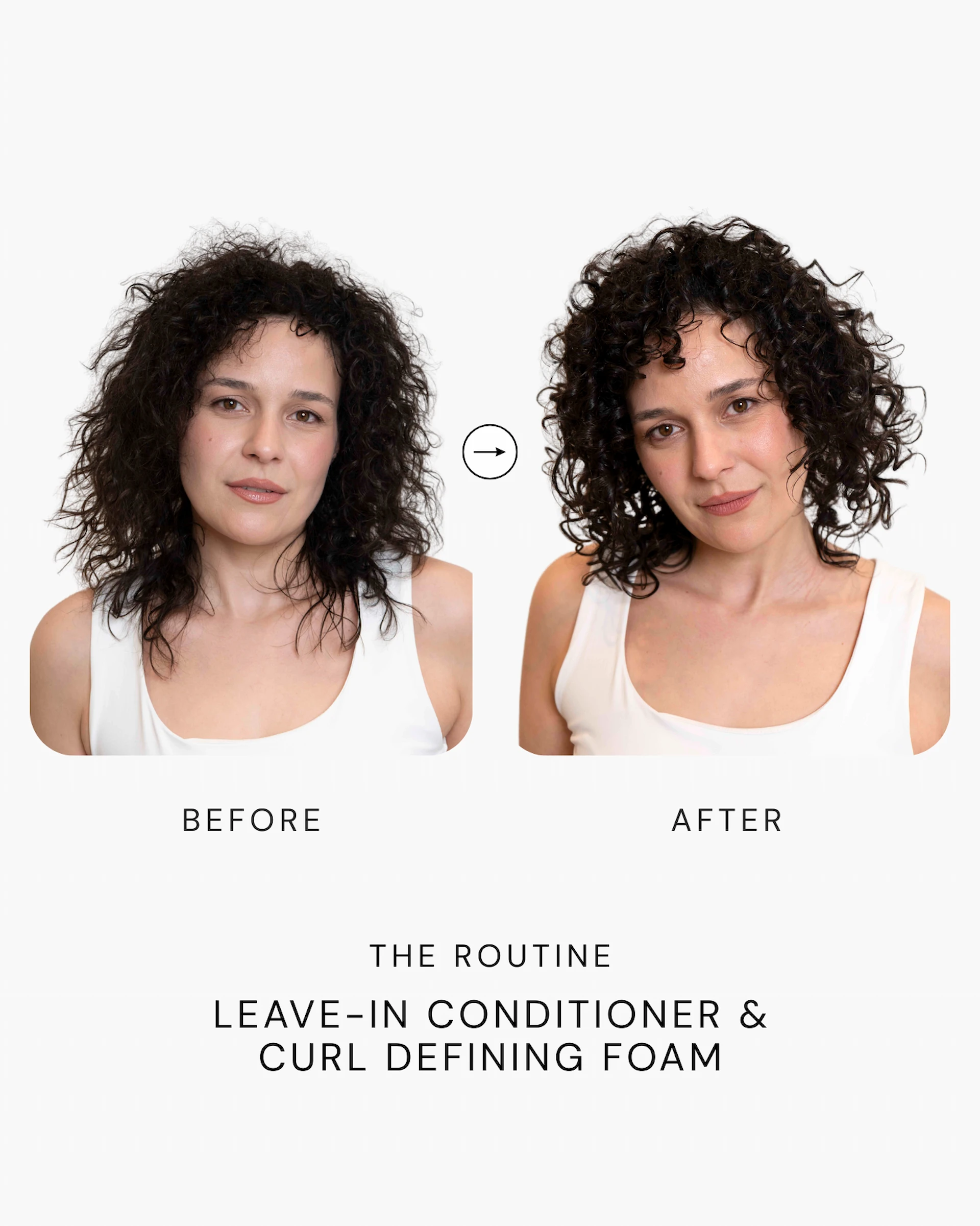 Before and after transformation of frizzy hair to defined curls using cadó leave-in conditioner and curl defining foam.