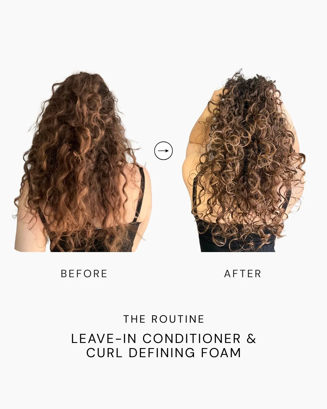 Back view showing before and after hair transformation from frizzy to defined, bouncy curls using cadó hair products.